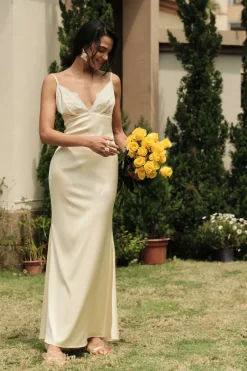 MICAS Maxi Dresses-Lace Patchwork V-neck Slip Maxi Dress BEIGE