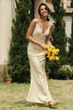 MICAS Maxi Dresses-Lace Patchwork V-neck Slip Maxi Dress BEIGE