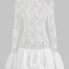 MICAS Long Sleeve Dresses|Mini Dresses-Lace Round Neck Bell Sleeve Mini Dress WHITE