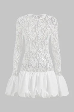 MICAS Long Sleeve Dresses|Mini Dresses-Lace Round Neck Bell Sleeve Mini Dress WHITE
