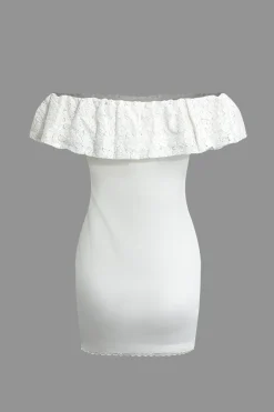 MICAS Mini Dresses-Lace Ruffle Neckline One Shoulder Mini Dress WHITE