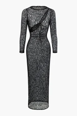 MICAS Long Sleeve Dresses|Maxi Dresses-Lace Sheer Cut Out Tie Front Maxi Dress BLACK