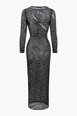 MICAS Long Sleeve Dresses|Maxi Dresses-Lace Sheer Cut Out Tie Front Maxi Dress BLACK