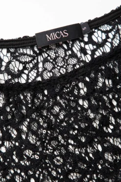 MICAS Long Sleeve Dresses|Maxi Dresses-Lace Sheer Cut Out Tie Front Maxi Dress BLACK