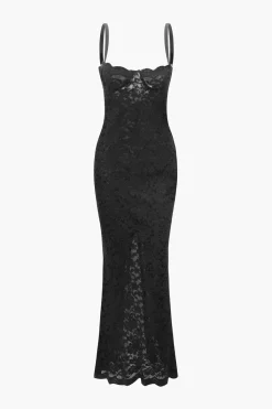 MICAS Maxi Dresses-Lace Slip Slit Maxi Dress BLACK