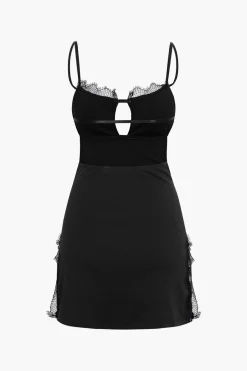 MICAS Mini Dresses-Lace Trim Backless Slit Mini Dress BLACK