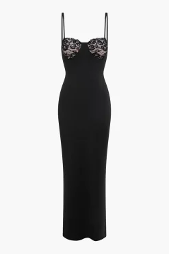 MICAS Maxi Dresses-Lace Trim Patchwork Maxi Dress BLACK