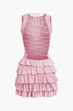 MICAS Mini Dresses-Lace Up Back Sleeveless Ruffle Hem Mini Dress