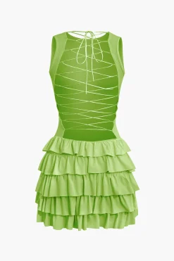 MICAS Mini Dresses-Lace Up Back Sleeveless Ruffle Hem Mini Dress