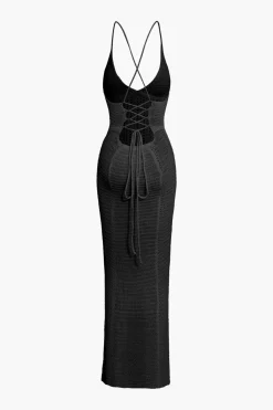 MICAS Knitwear|Knit Dresses-Lace Up Backless V-Neck Hollow Out Knit Dress