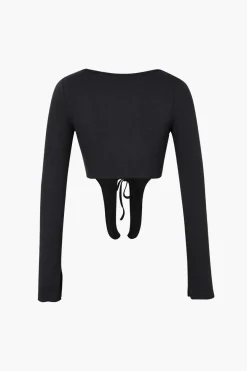MICAS Long Sleeve Tops|Long Sleeves Tops-Lace Up Slit Sleeve Crop Top