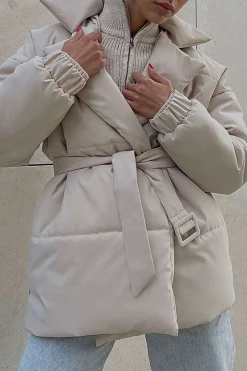 MICAS Outerwear|Outerwear-Lapel Belted Puffer BEIGE