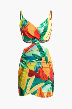 MICAS Mini Dresses-Leaf Print Cutout Mini Dress MULTICOLOR