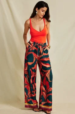 MICAS Pants-Leaf Print Drawstring Wide Leg Pants RED