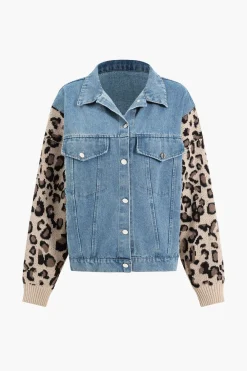MICAS Outerwear|Outerwear-Leopard Print Patchwork Denim Jacket BROWN