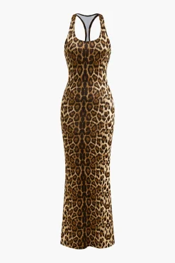 MICAS Maxi Dresses-Leopard Print Backless Sleeveless Maxi Dress Contrast Color