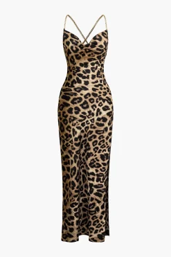 MICAS Maxi Dresses-Leopard Print Cross Chain Cowl Neck Slit Slip Maxi Dress LIGHT BROWN