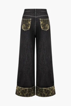 MICAS Jeans-Leopard Print Denim Patchwork Straight Leg Jeans BLACK
