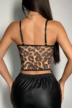 MICAS Corset & Bustier Tops-Leopard Print Lace-Up Bustier Top BLACK