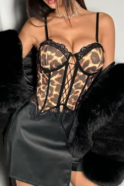MICAS Corset & Bustier Tops-Leopard Print Lace-Up Bustier Top BLACK