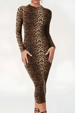 MICAS Long Sleeve Dresses|Midi Dresses-Leopard Print Long Sleeve Slim Midi Dress