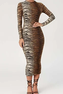 MICAS Long Sleeve Dresses|Midi Dresses-Leopard Print Long Sleeve Slim Midi Dress