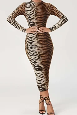 MICAS Long Sleeve Dresses|Midi Dresses-Leopard Print Long Sleeve Slim Midi Dress