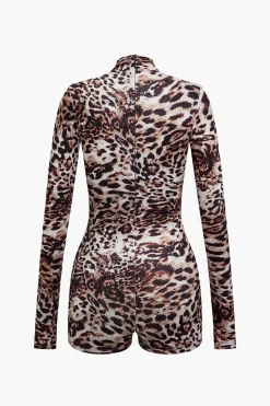 MICAS Jumpsuits & Rompers-Leopard Print Long Sleeve Bodycon Romper BROWN