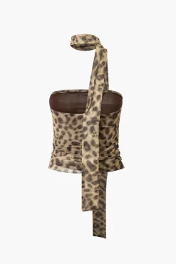 MICAS Tube Tops-Leopard Print Mesh Halter Tube Top Contrast Color