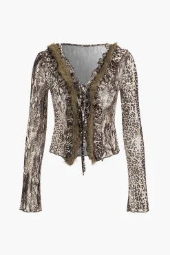 MICAS Long Sleeve Tops|Long Sleeves Tops-Leopard Print Mesh Long-Sleeve Top CARAMEL