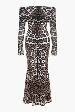 MICAS Long Sleeve Dresses|Maxi Dresses-Leopard Print Mesh Off Shoulder Long Sleeve Maxi Dress Contrast Color