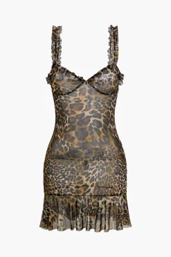 MICAS Mini Dresses-Leopard Print Scallop Edge Mini Dress BROWN