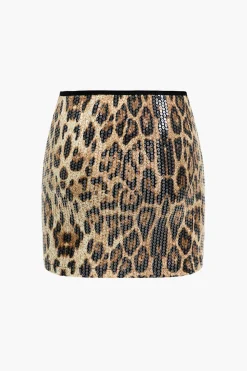 MICAS Skirt Sets|Vacation Sets-Leopard Print Sequin Low Neckline Skirt Set BROWN
