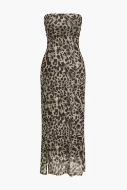 MICAS Midi Dresses-Leopard Print Slit Strapless Midi Dress Contrast Color