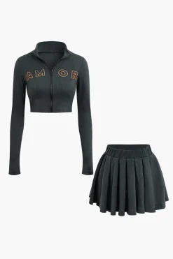 MICAS Skirt Sets-Letter Embroidered Rib Knit Stand Collar Zipper Crop Cardigan And Pleated Mini Skirt Set GRAY