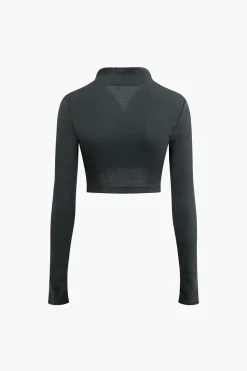 MICAS Skirt Sets-Letter Embroidered Rib Knit Stand Collar Zipper Crop Cardigan And Pleated Mini Skirt Set GRAY