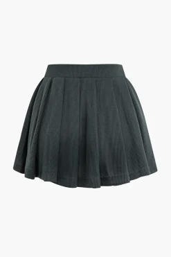 MICAS Skirt Sets-Letter Embroidered Rib Knit Stand Collar Zipper Crop Cardigan And Pleated Mini Skirt Set GRAY