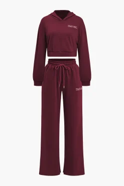 MICAS Pant Sets|Vacation Sets-Letter Embroidery Hooded Top And Tie-Up Trousers Set