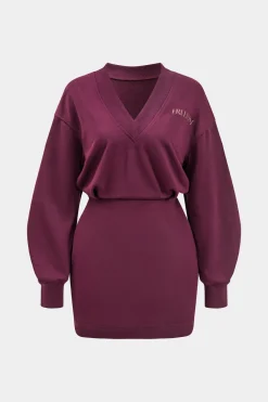MICAS Long Sleeve Dresses|Mini Dresses-Letter Pattern V-Neck Long Sleeve Mini Dress BURGUNDY