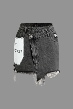 MICAS Skirts-Letter Print Frayed Hem Denim Skirt