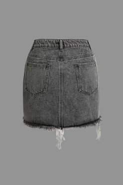 MICAS Skirts-Letter Print Frayed Hem Denim Skirt