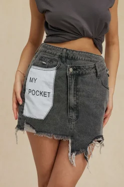 MICAS Skirts-Letter Print Frayed Hem Denim Skirt