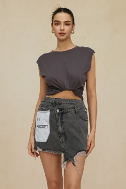 MICAS Skirts-Letter Print Frayed Hem Denim Skirt