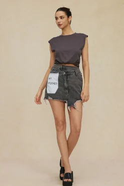 MICAS Skirts-Letter Print Frayed Hem Denim Skirt