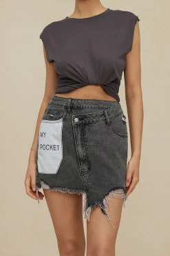 MICAS Skirts-Letter Print Frayed Hem Denim Skirt