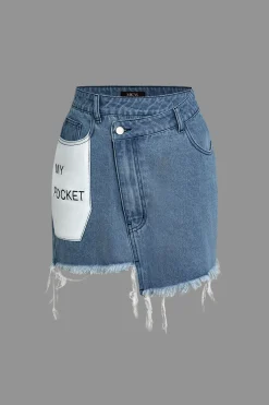 MICAS Skirts-Letter Print Frayed Hem Denim Skirt
