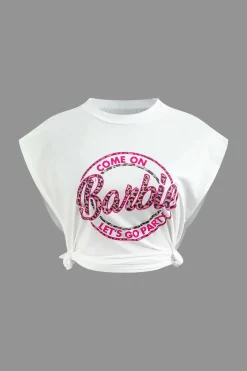 MICAS T-Shirts-Letter Print Knot Detail Sleeveless Side Cut Out T-Shirt