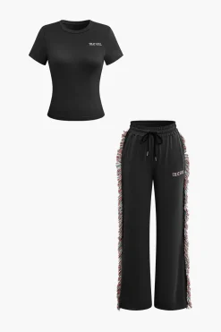 MICAS Pant Sets-Letter Print T-shirt And Tassel Drawstring Pants Set