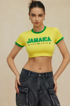 MICAS T-Shirts-Letter Printed Crop T-shirt Contrast Color