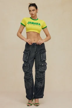 MICAS T-Shirts-Letter Printed Crop T-shirt Contrast Color